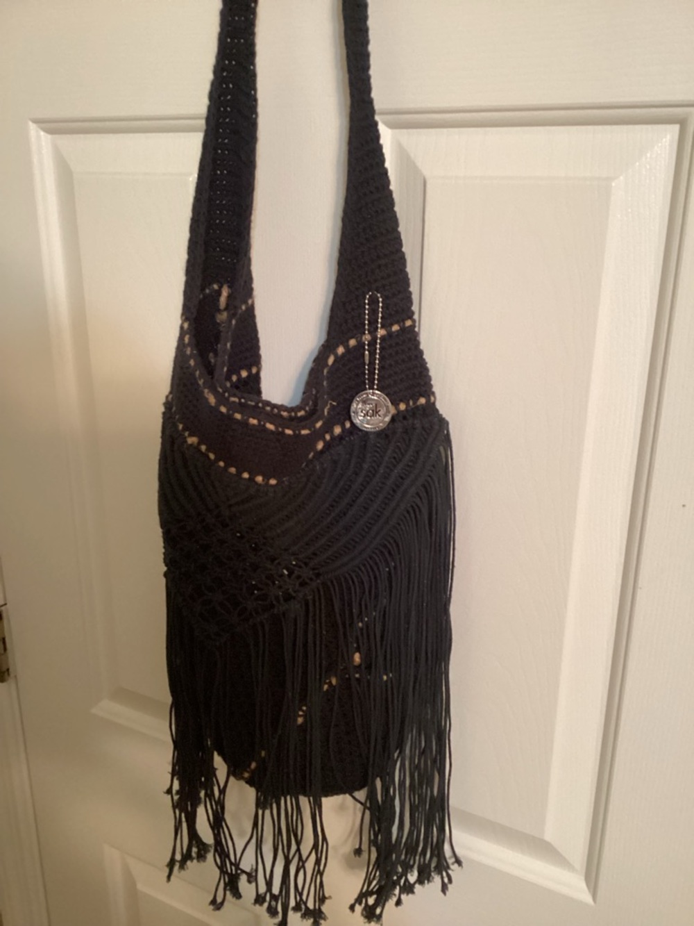 The Sak Navy Crochet Fringe Hobo Bag
